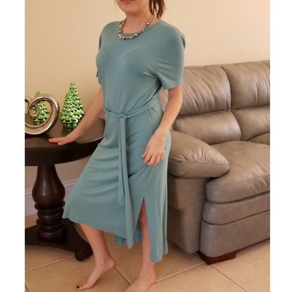 LIGHT TEAL ROUND NECK HIGH SLIT T-SHIRT DRESS - Picture 2 of 4